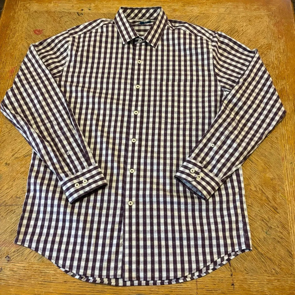 COLE HAAN Mens Burgandy White Plaid Grand Os Performance Button Down Shirt Sz L - Picture 1 of 5